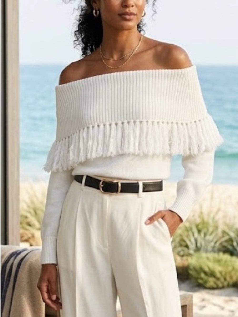 Alice + Olivia Bardot Fringe Off Shoulder Pullover In Soft White